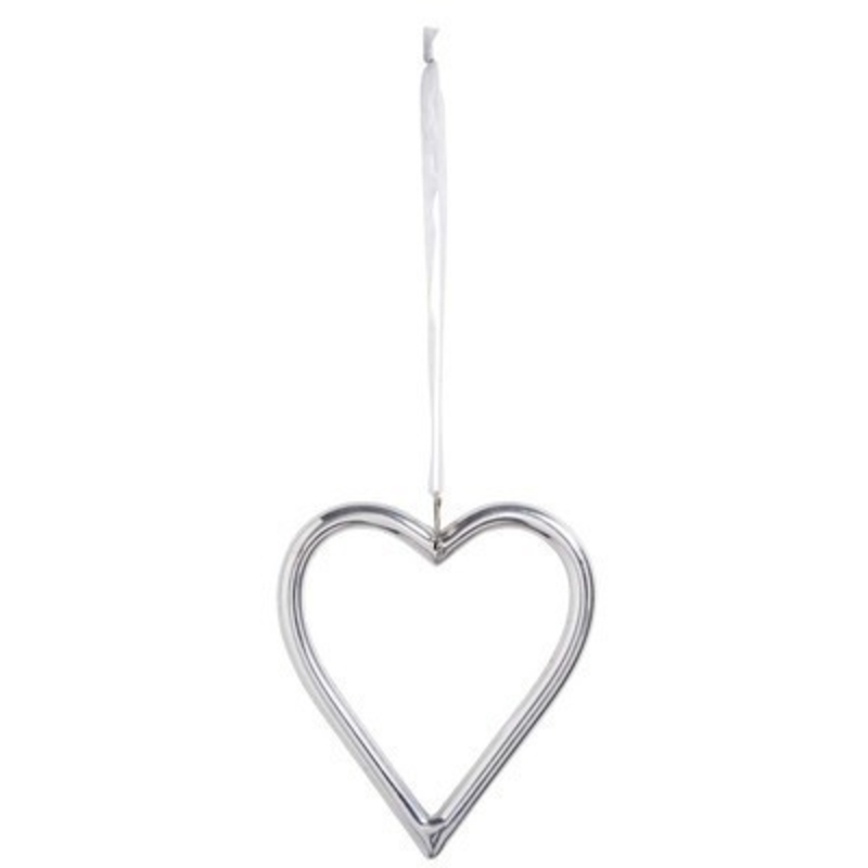 Hanging Heart Aluminium Decoration. This shiny silver heart on a ribbon would look lovely in any home. Would look pretty hanging on a wall or door. Made by Transomnia.